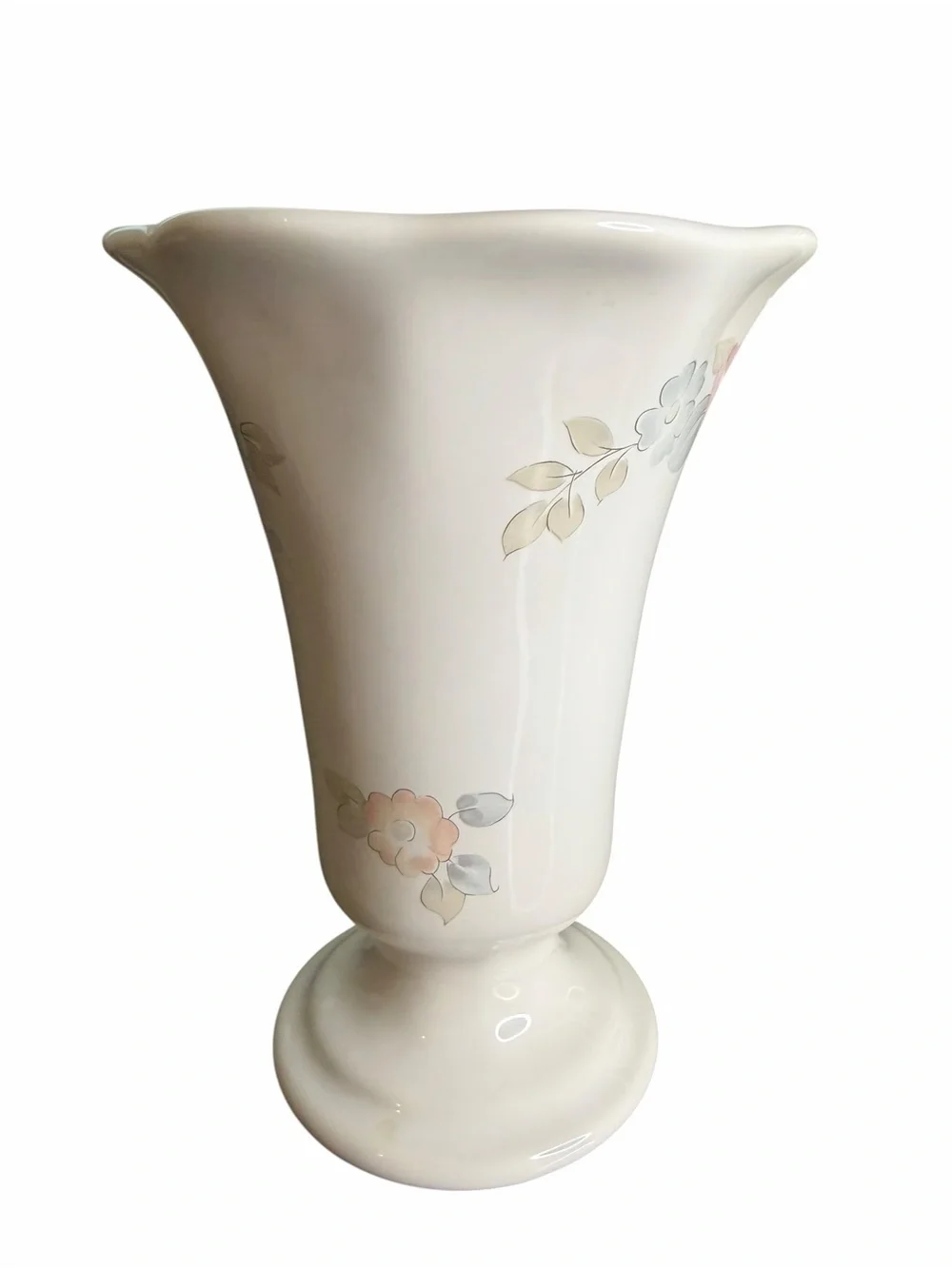 Pfaltzgraff USA Wyndham Floral Stonewear Vase Pink Blue Flowers Scalloped Rim 7”